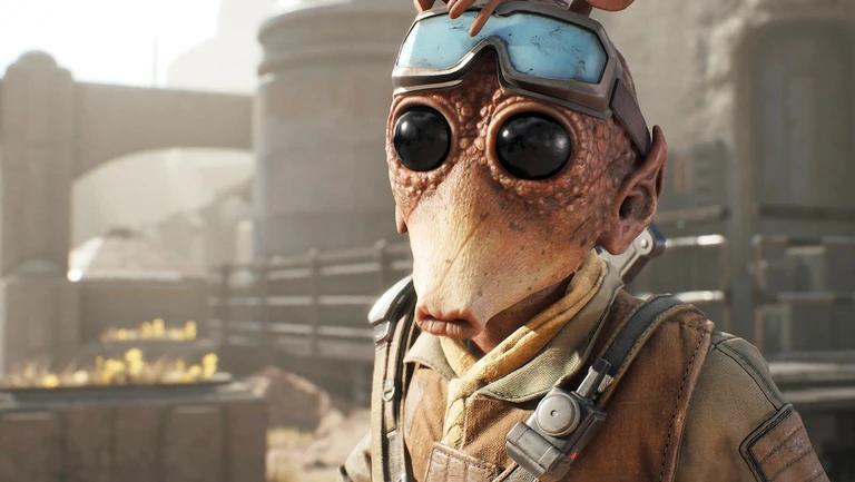 Närbild på en utomjording med stora svarta ögon, fjällig brun hud och flygglasögon i pannan, klädd i en läderjacka i en dammig ökenstad i Star Wars: Zero Company.