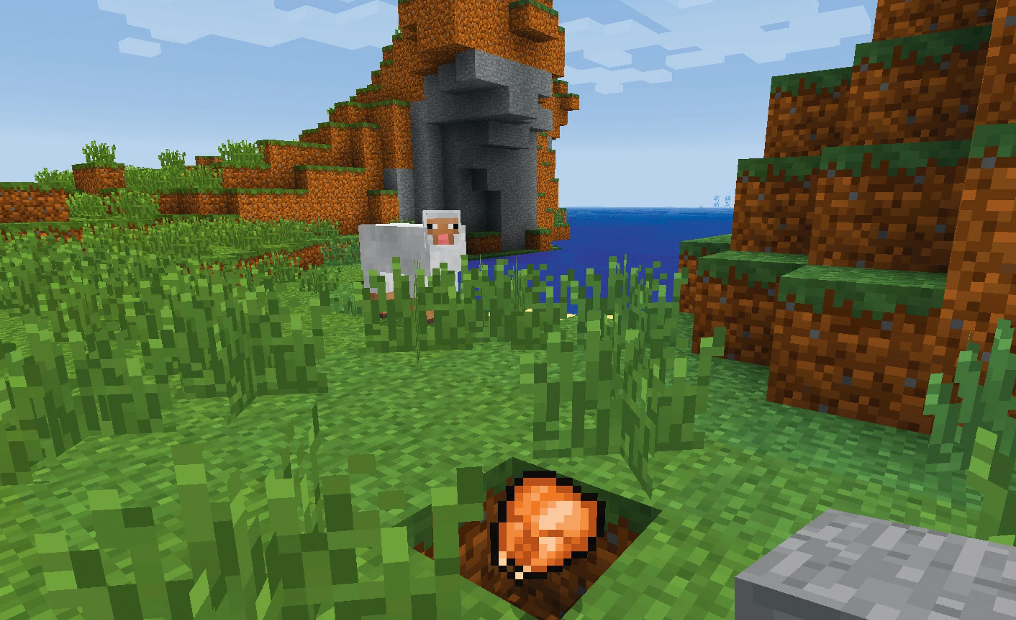 Minecraft-scen med ett får på en gräsäng framför en grotta i en klippa och ett hav i bakgrunden, med en bit stekt kött på marken i förgrunden.