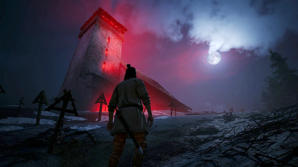 The Blood of Dawnwalker: en man med knut i håret och svärd på ryggen står i snö och tittar mot ett lutande stentorn som lyser rött under en fullmåne, omgivet av trägravkors.
