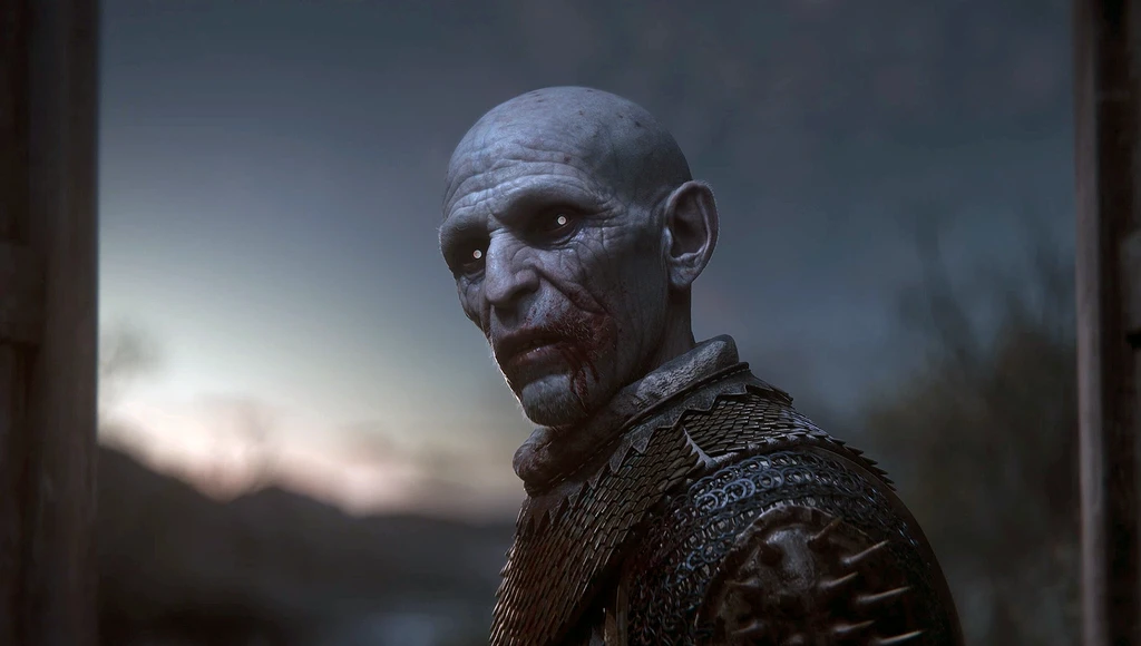 Närbild på en skallig, blekblå vampyrliknande man med glödande ögon och blod vid munnen, klädd i fjällig rustning med taggar, vid skymning i The Blood of Dawnwalker.