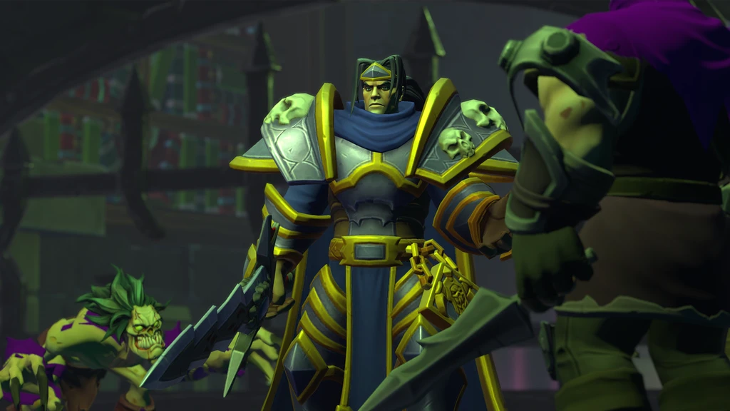 Warcraft III: Reforged: en pansarklädd riddare i blått och guld med dödskallar på axlarna står med dragna vapen, omgiven av gröna odöda varelser.