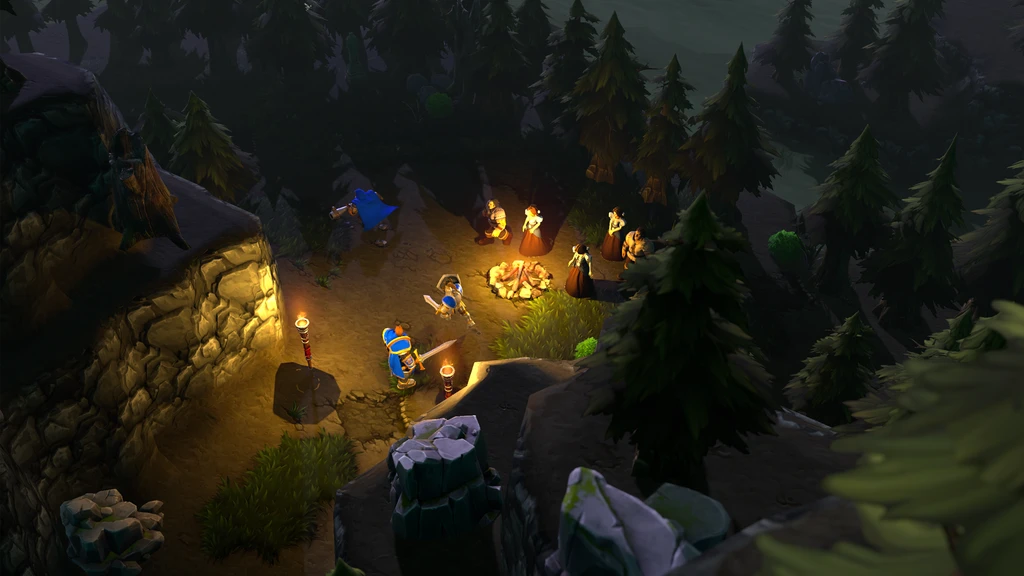 Warcraft III: Reforged. Två krigare i blå rustning närmar sig en lägereld i en mörk granskog, där flera personer i kläder står samlade i skenet från facklor.