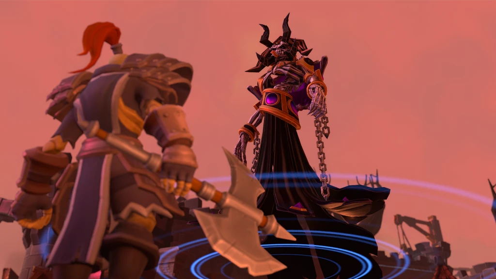 I Warcraft III: Reforged står en rödhårig krigare med yxa i förgrunden och möter en horngklädd skelettfigur i svart mantel och kedjor under en rödrosa himmel.