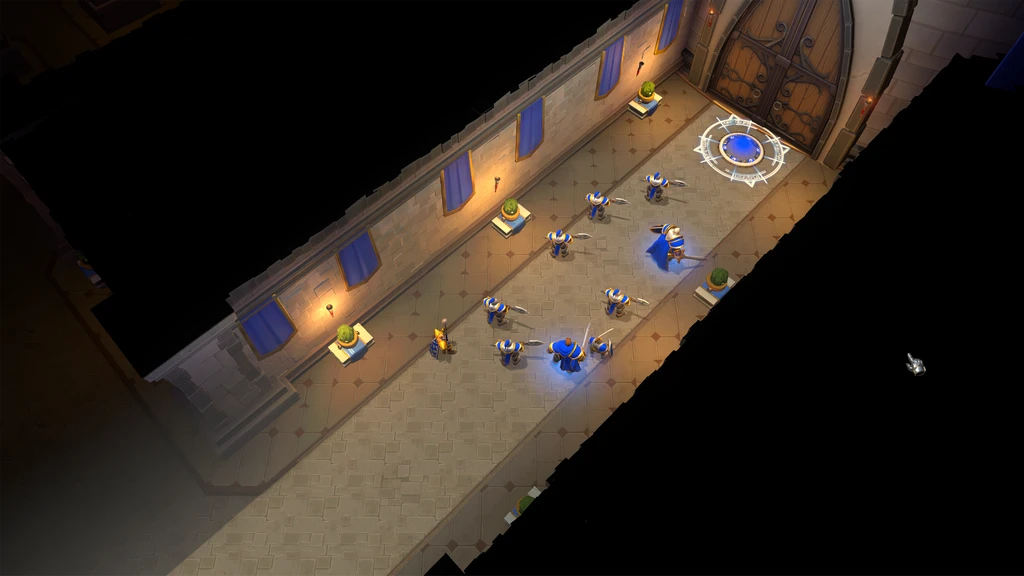 Ovanifrån i Warcraft III: Reforged ­– Forsaken Kingdom: en grupp blåklädda soldater och en magiker står i en dunkel stensal med blå banér och en lysande magisk cirkel vid dubbeldörren.