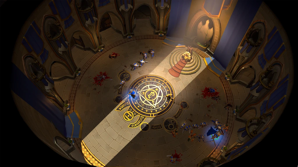 Warcraft III: Reforged. Ovanifrån i en rund sal där en ljusstråle lyser över ett magiskt sigill i golvet, medan strider rasar och blodfläckar syns.