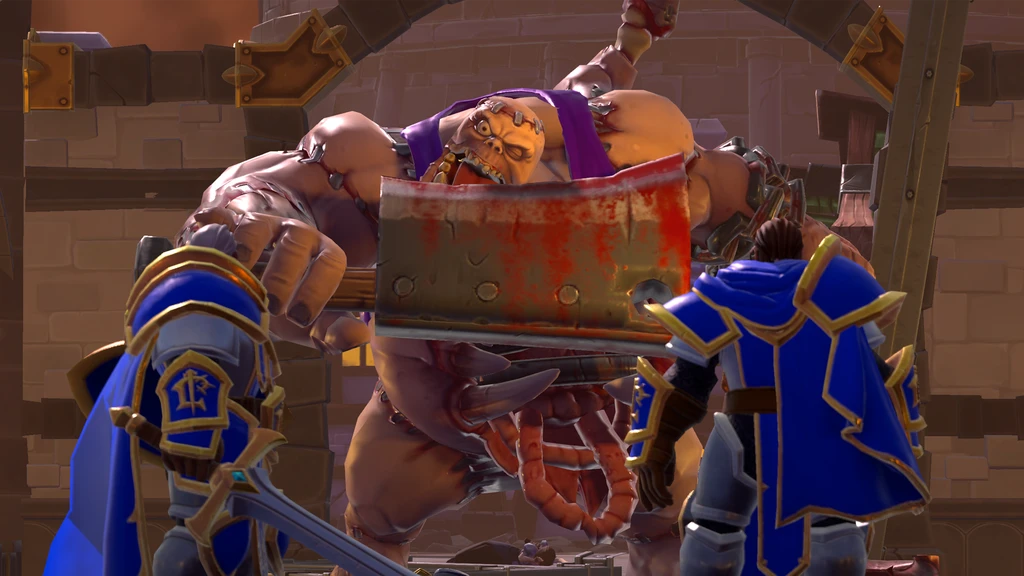 I Warcraft III: Reforged svingar en enorm, stygg best med blodigt köttyxa mot två soldater i blå rustningar med guldkanter.