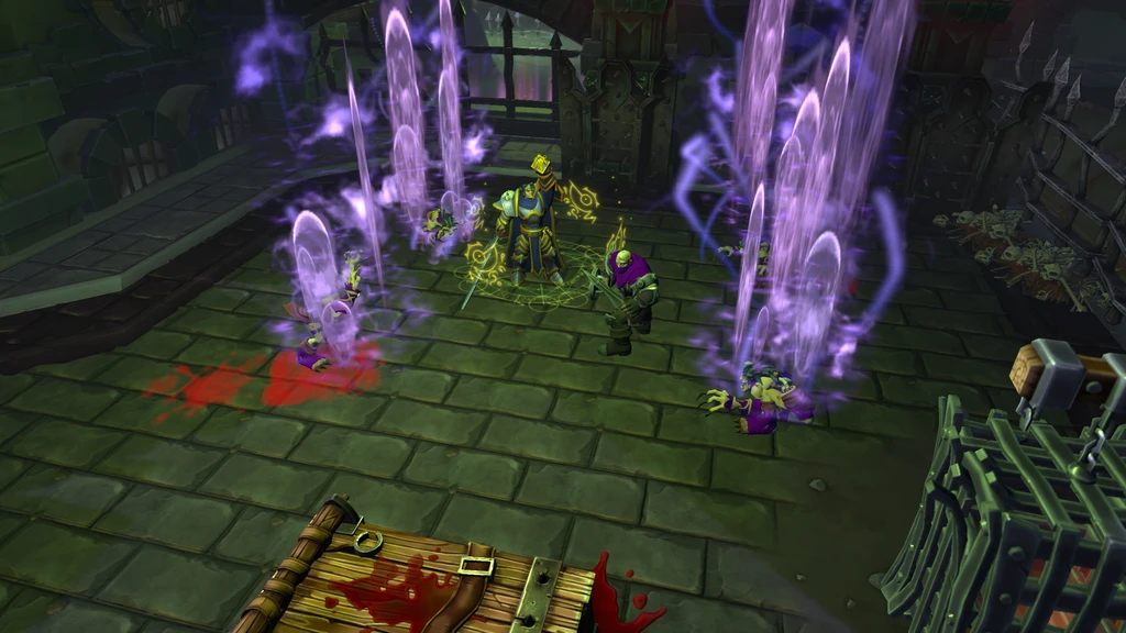 Warcraft III: Reforged – Forsaken Kingdom: gulglödande hjälte och odöda fiender i en stenkällare där lila energipelare skjuter upp ur golvet, blod på marken.