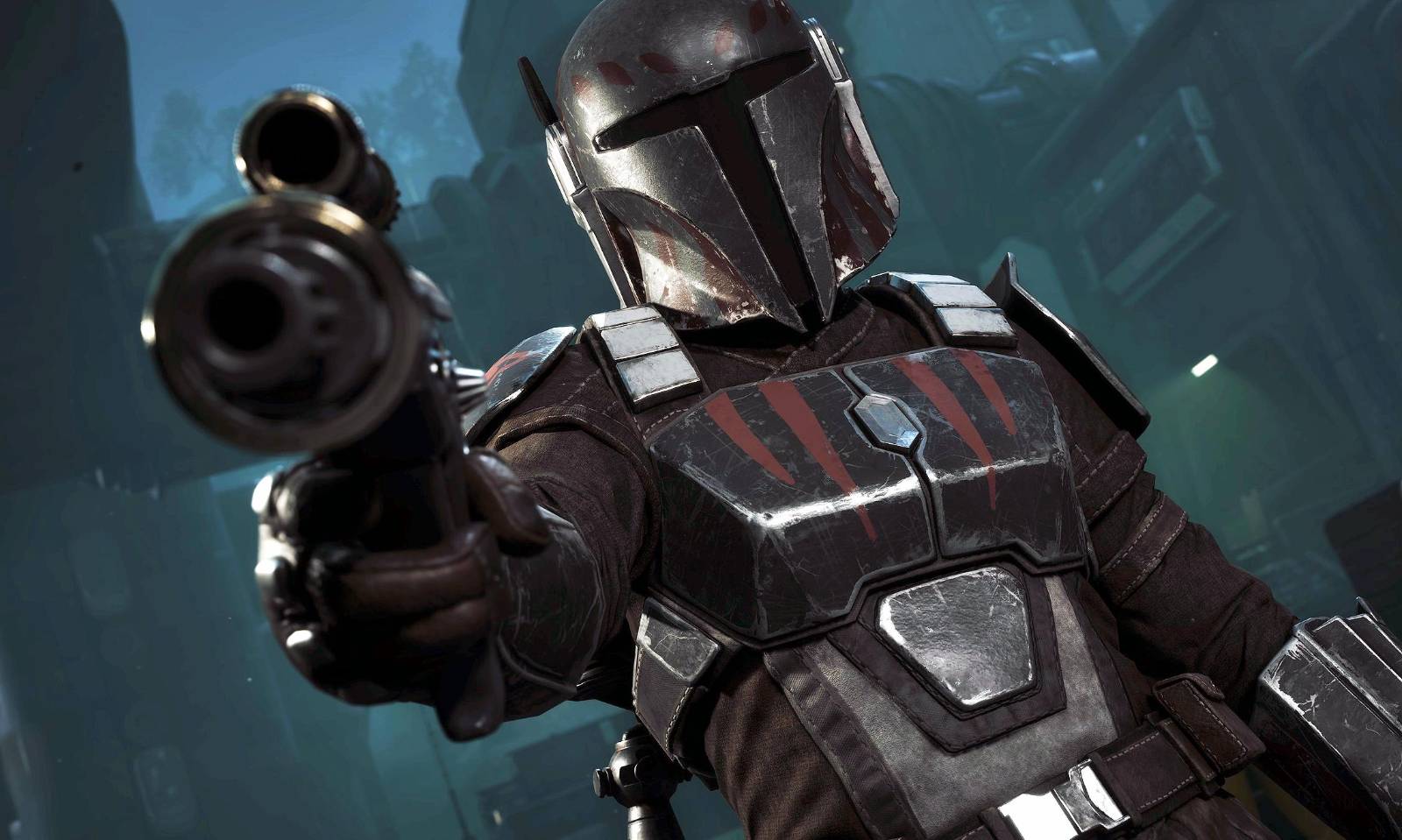 En mandalorian i mörk, repig rustning med röda klomärken siktar med en blaster rakt mot kameran i en dunkel, blågrön miljö i Star Wars: Zero Company.