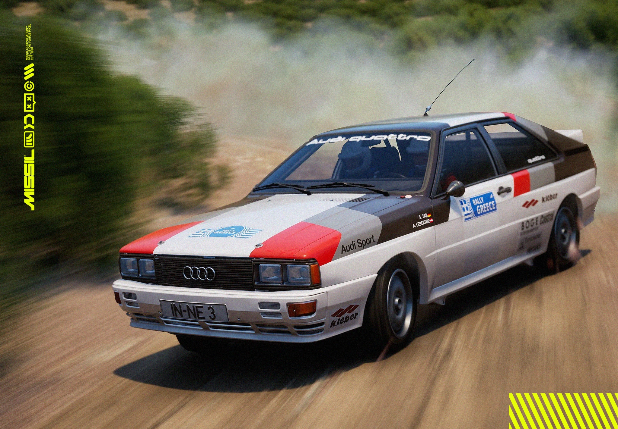 En vit Audi Quattro med röda och svarta fält i rally sladdar fram på en grusväg i Grekland, med damm som yr bakom sig.