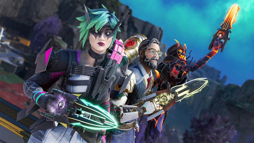 Tre karaktärer i Apex Legends poserar tillsammans med lysande klolika vapen: en kvinna med grönblått hår, en skäggig man i väst och glasögon och en eldröd gestalt som sträcker upp armen.