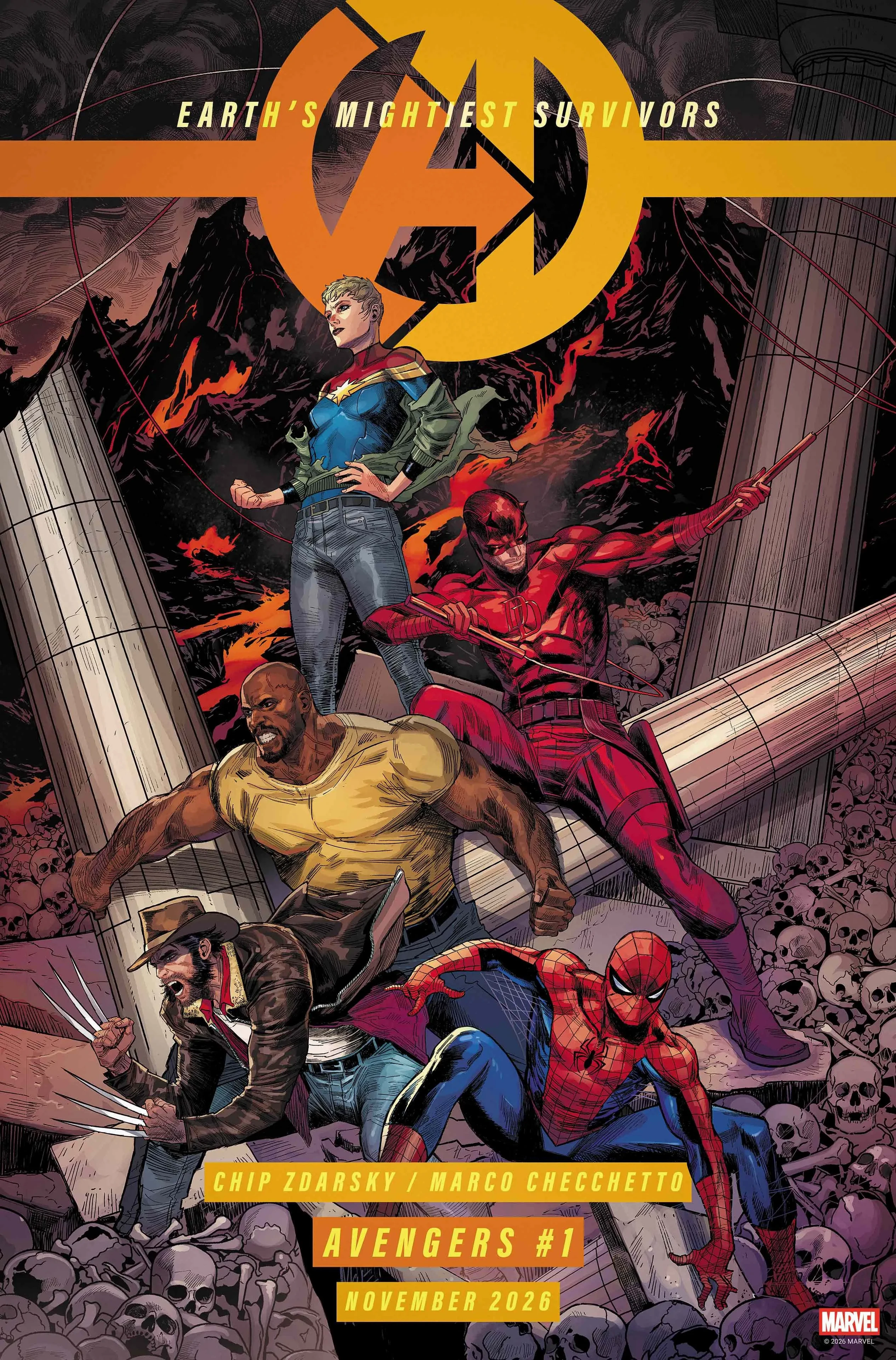 Omslaget till Avengers #1 (november 2026): fem hjältar står bland kolonner och högar av dödskallar framför en lavalandskap, bland dem Spider-Man, Daredevil och en man med klor och cowboyhatt.