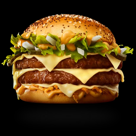 Dubbelhamburgare med två köttbiffar, smälta ostskivor, sallad, hackad lök och krämig orange sås i ett sesambröd, mot svart bakgrund.