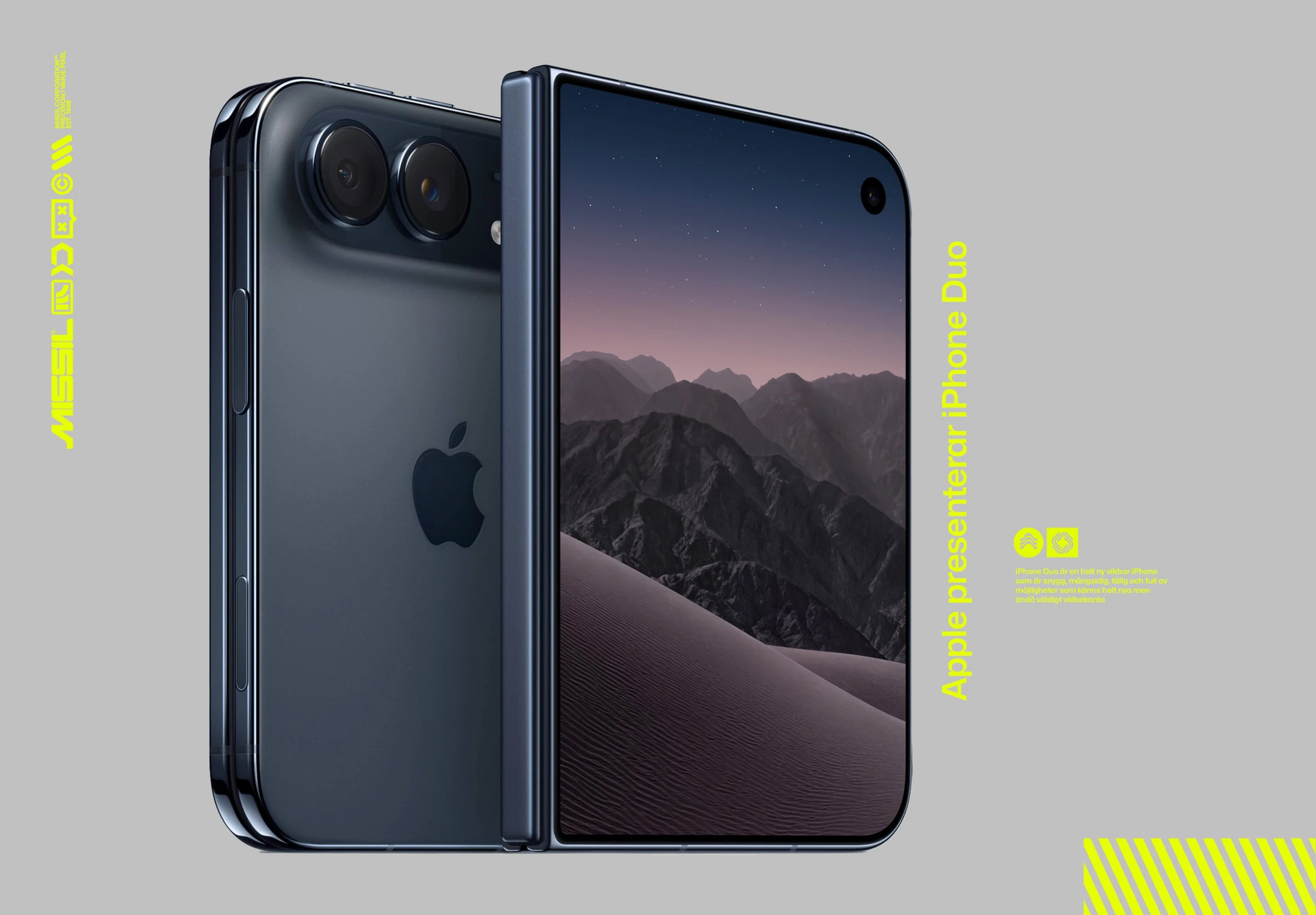Mörkblå hopfällbar iPhone Duo sedd bakifrån med två kameralinser och Apple-logotyp, bredvid en uppfälld skärm med bergslandskap i skymning.