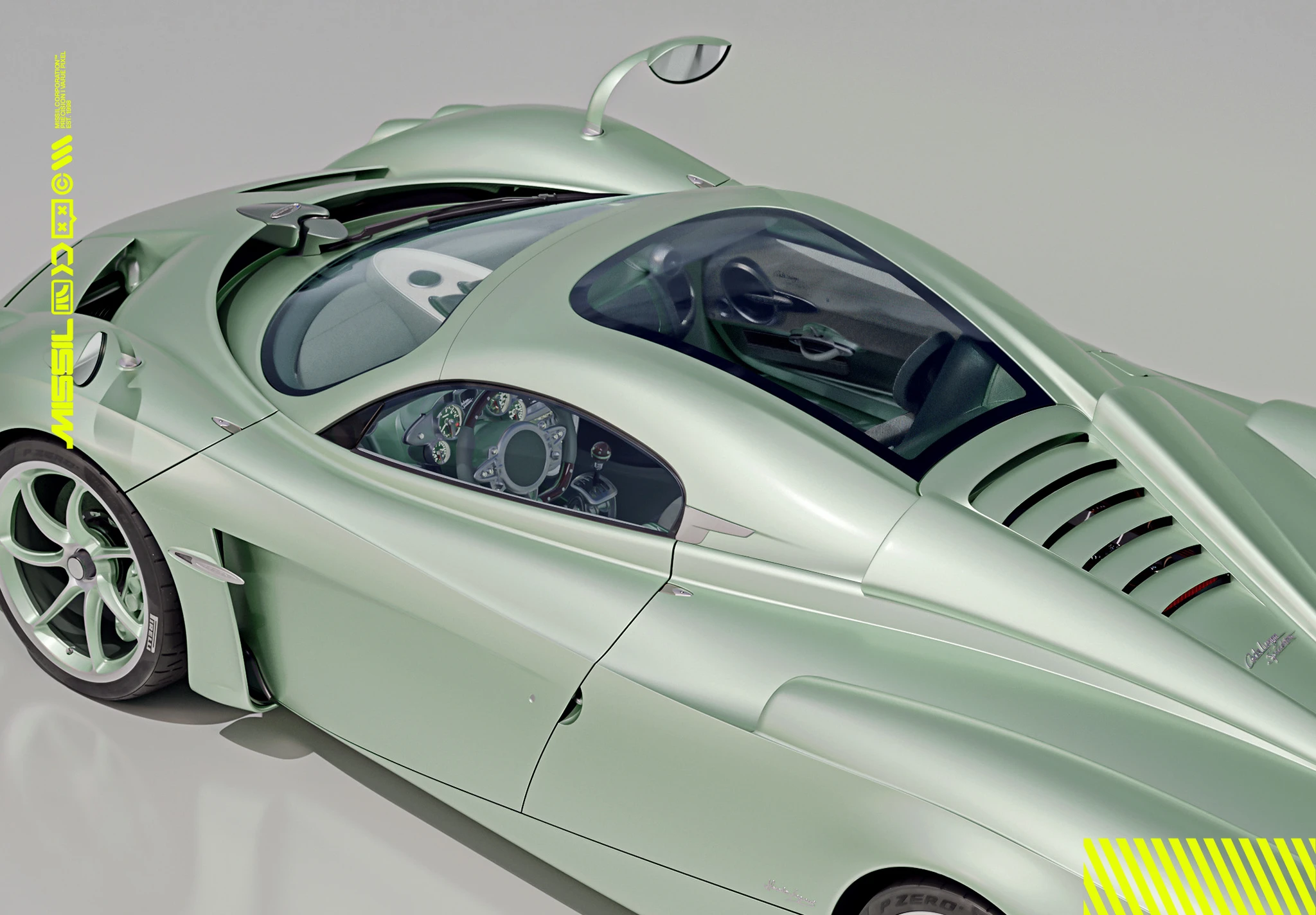 Pagani Codalunga i ljusgrön lackering sedd snett ovanifrån, med glaskupol över sittbrickan, synlig instrumentpanel och ventilationsspringor bakom sidorutan.