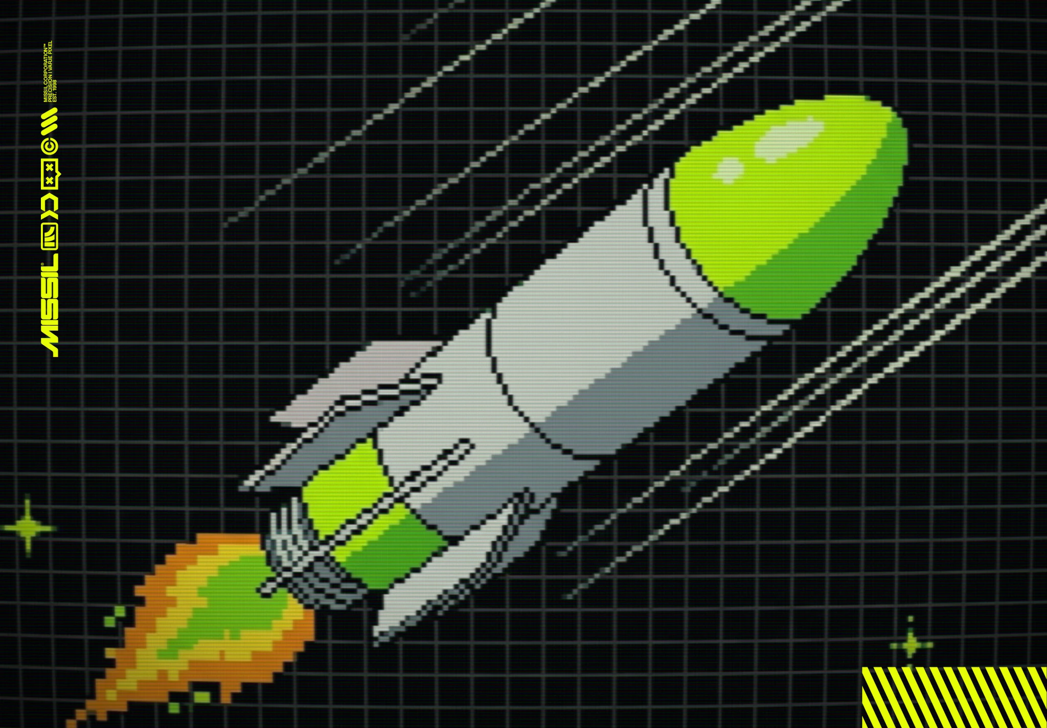 Pixelgrafik av en grå raket med neongrön spets som flyger snett uppåt med orange eldslåga bakom sig, mot svart rutnätsbakgrund med fartstreck och MISSIL-logotyp.