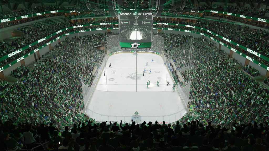 Fullsatt ishockeyarena sedd uppifrån i NHL 27, med gröngekläd publik, spelare på isen och en jumbotron som visar American Airlines Center.