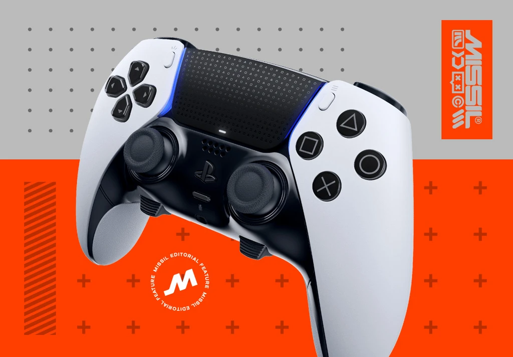 Vit och svart DualSense Edge-handkontroll till Playstation 5 med utbytbara spakar och avtryckarstopp, mot en grå och orange MISSIL-bakgrund.