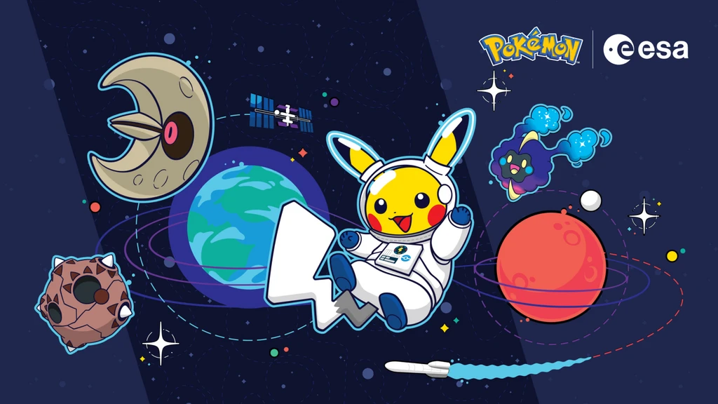 Pikachu i vit astronautdräkt och hjälm svävar i rymden bland planeter, en satellit och en raket, omgiven av Pokémon som Lunatone, Cosmog och Minior. Pokémon- och ESA-logotyper uppe till höger.