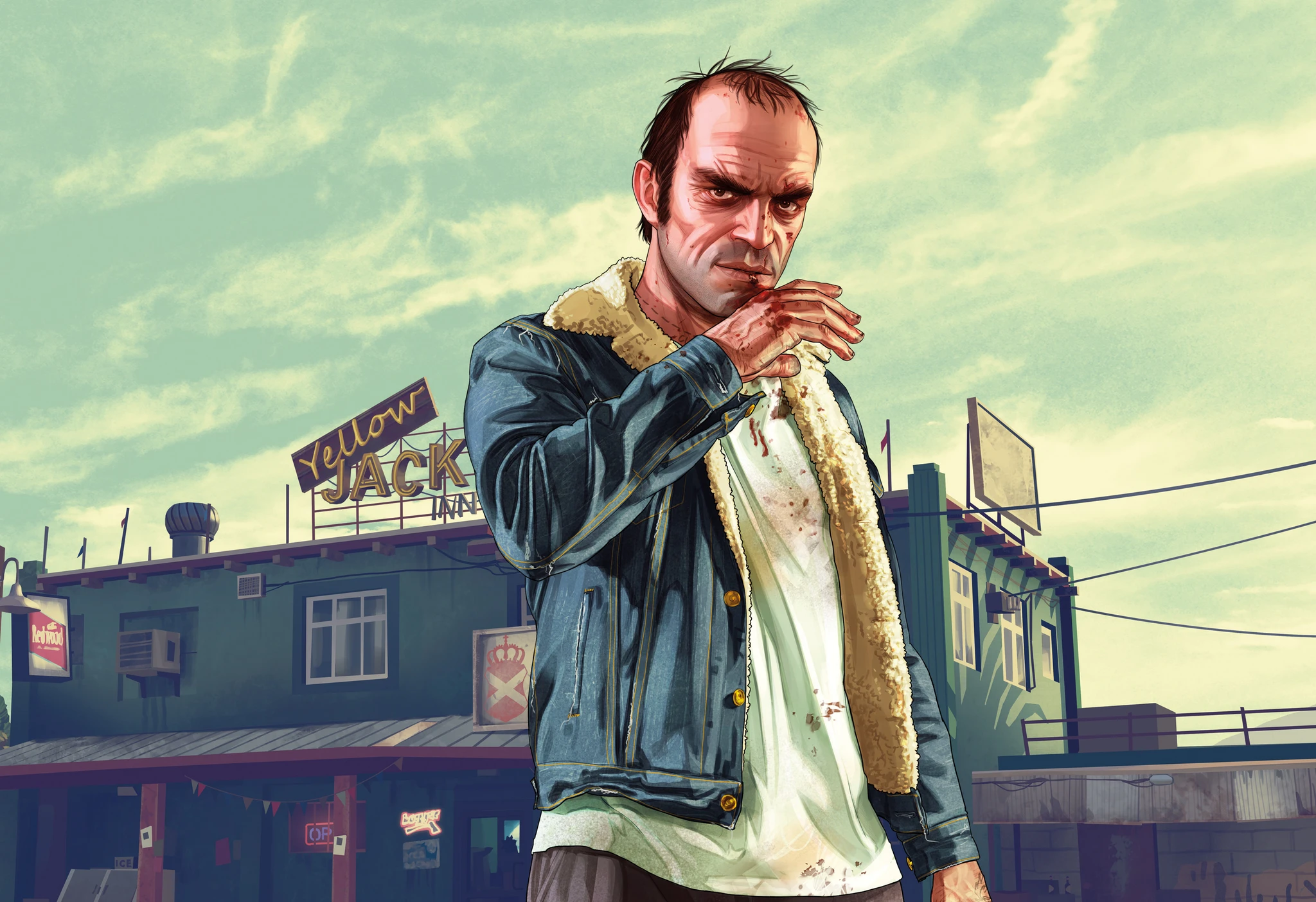 Trevor Philips från GTA V står med hand mot munnen och en bister blick, i jeansjacka med fårskinnskrage och blodstänkt vit t-shirt framför motellet Yellow Jack Inn.