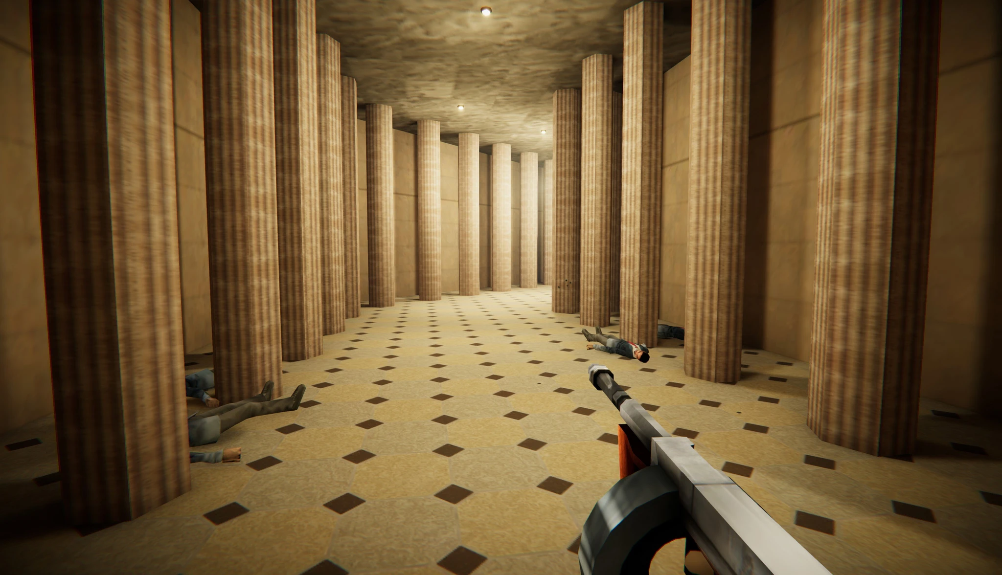 Förstapersonsvy i Agent 64: Spies Never Die. En spelare med automatvapen går genom en lång sal med höga kolonner och rutigt golv, där fallna fiender ligger utspridda.