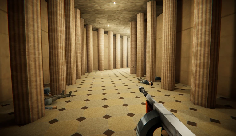 Förstapersonsvy i Agent 64: Spies Never Die. En spelare med automatvapen går genom en lång sal med höga kolonner och rutigt golv, där fallna fiender ligger utspridda.