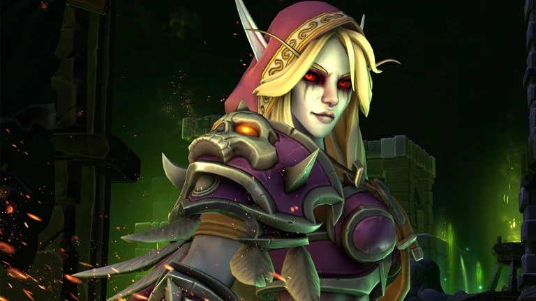 Blek alvkvinna med glödande röda ögon, rött huvudbonad och lila rustning med dödskalleaxel står framför en mörk ruin med grönt sken i Warcraft III: Reforged.