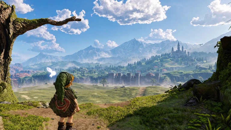 Unge Link i grön mössa står vid ett träd och blickar ut över ett grönskande Hyrule med slott, murar och snöklädda berg, med en liten fe bredvid sig.