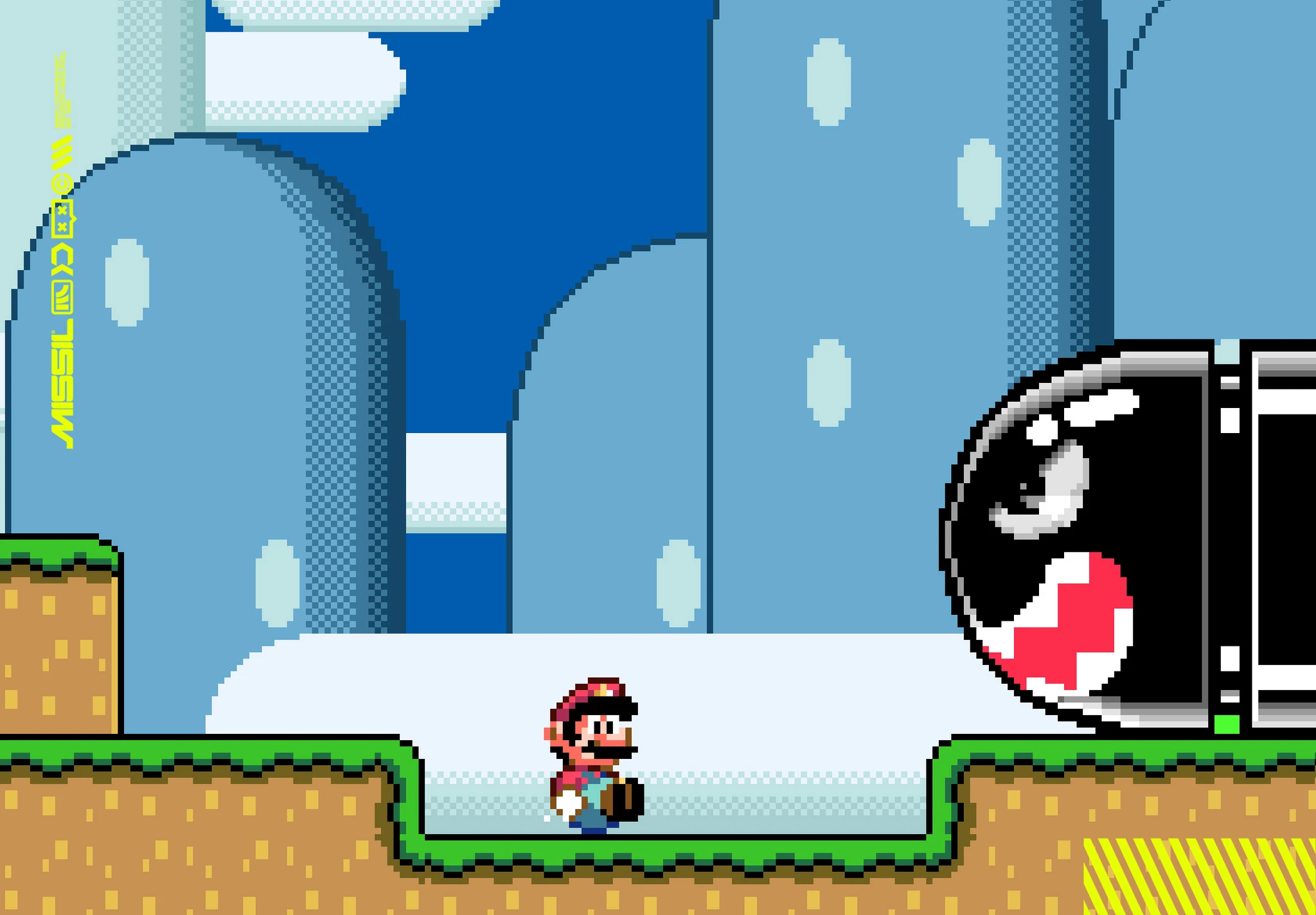 Mario i pixelgrafik står i en grop i ett grönt gräslandskap medan en jättelik Banzai Bill med ilsket ansikte flyger in från höger, mot blå bergsformationer.