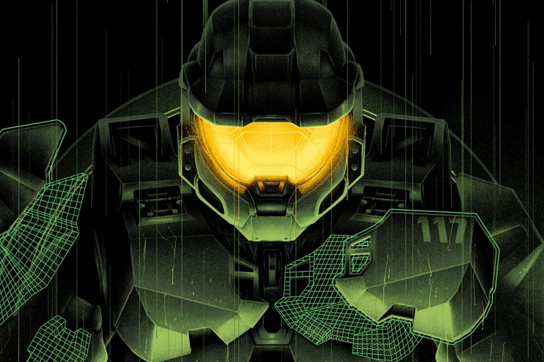 Master Chief i grön rustning med glödande gul visir, omgiven av gröna trådramsmönster och fallande linjer mot svart bakgrund, i stiliserad Halo-grafik.
