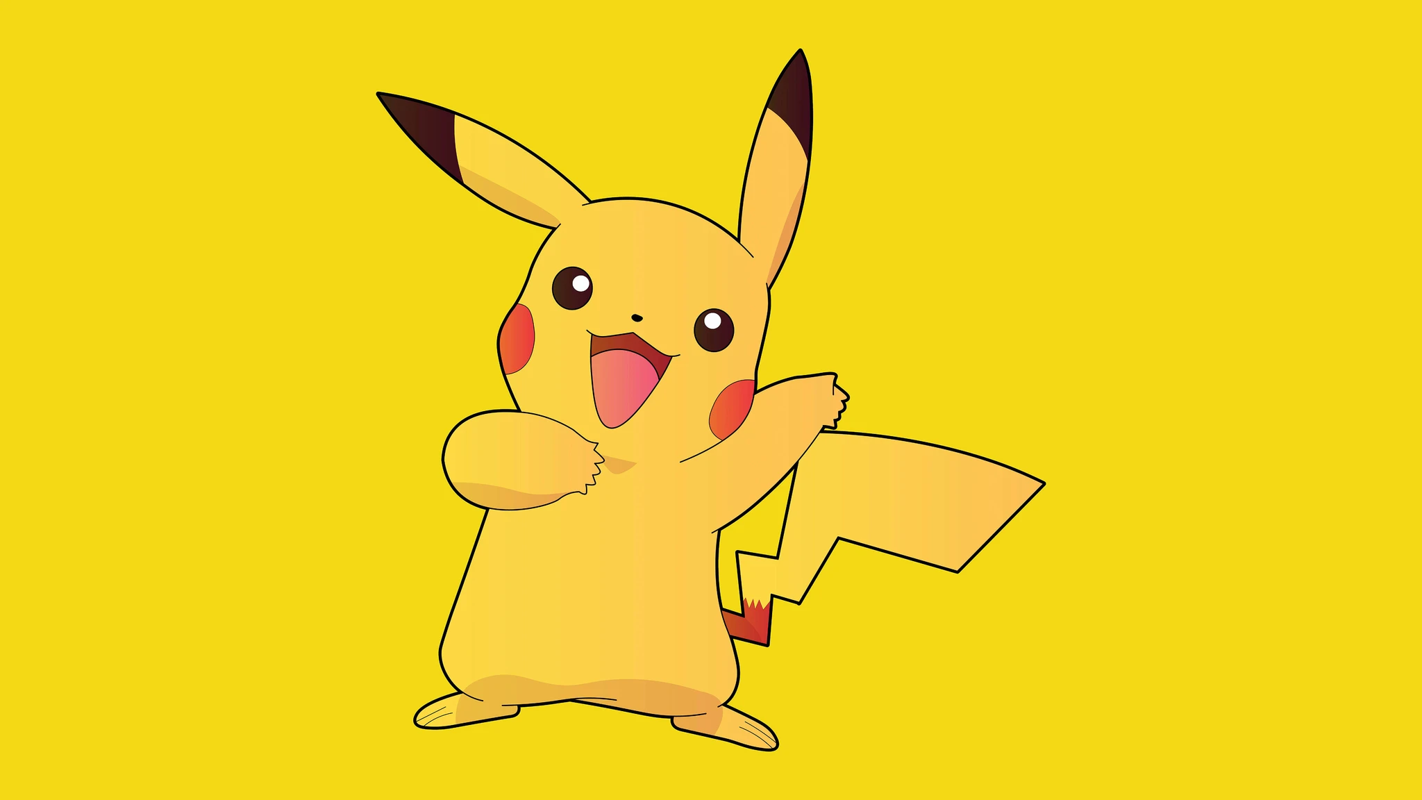 Pikachu med öppen mun och röda kinder lyfter ena armen och vinkar glatt mot en klargul bakgrund.