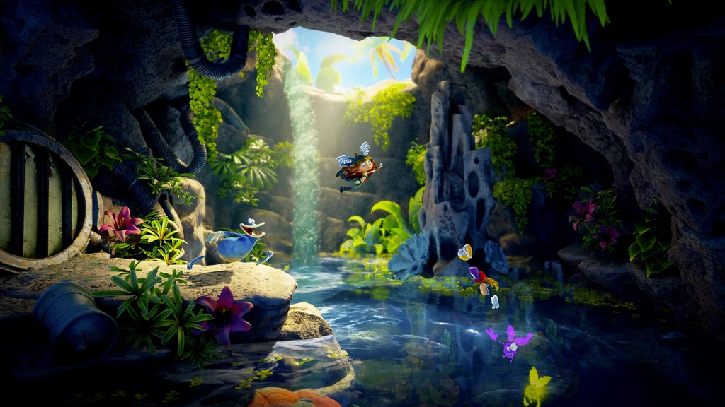Rayman Legends Retold: små färgglada figurer svävar runt en grotta med frodiga växter, ett vattenfall och en glittrande damm i solljus.