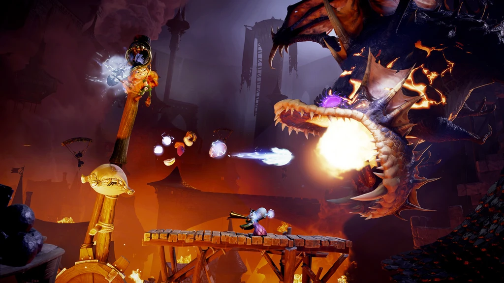 Rayman Legends Retold: en liten karaktär står på en träbrygga i en glödande lavagrotta medan en jättelik drake med vidöppen mun spyr eld mot den.