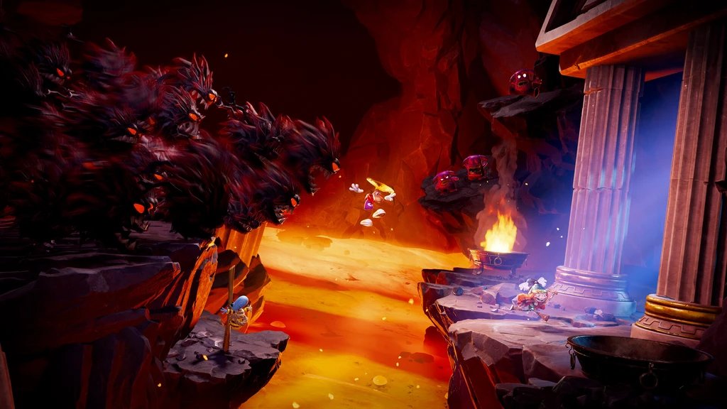 Rayman Legends Retold: Rayman svävar över en glödande lavaflod i en grotta, med eldskål och antika pelare till höger och mörka taggiga varelser till vänster.