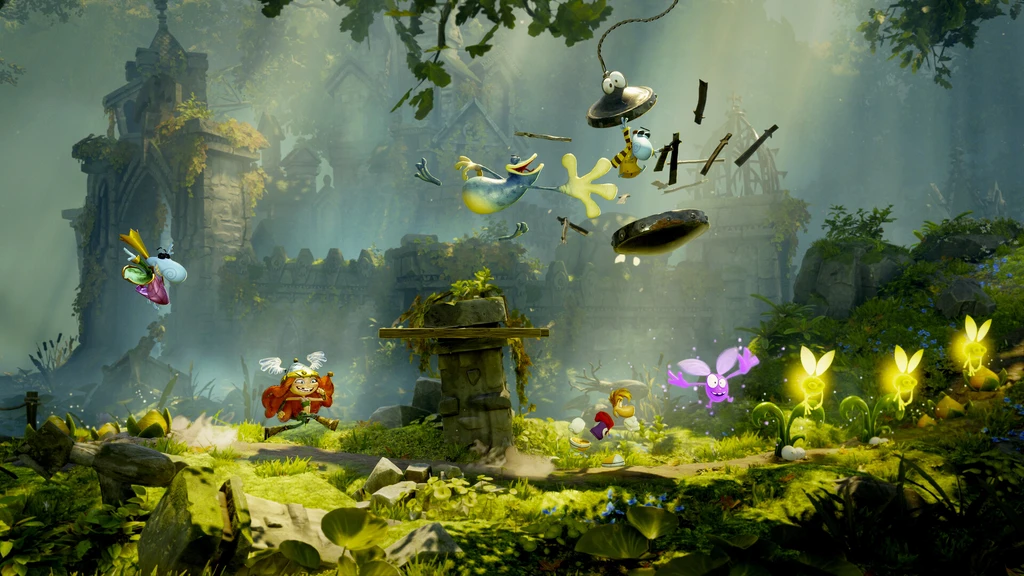 Rayman Legends Retold: Rayman och hans vänner springer genom en solbelyst, mossig djungel med ruiner medan fiender och skräp svävar i luften och gula varelser lyser i förgrunden.