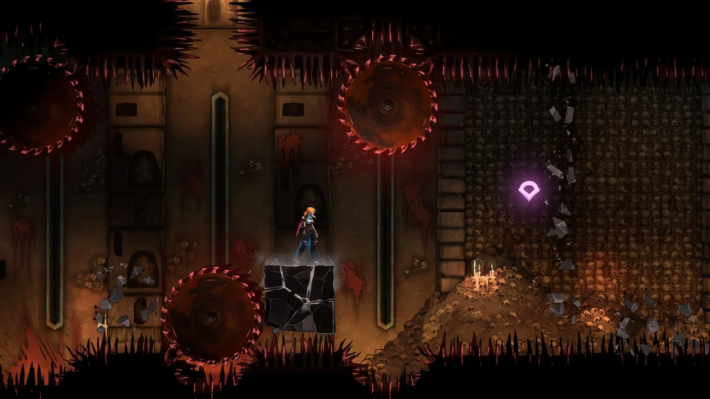 Rödhårig karaktär står på ett sprucket stenblock mellan roterande sågklingor och taggar i en mörk, blodig sal i Castlevania: Belmont's Curse.