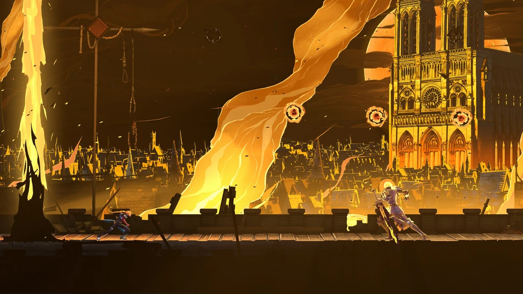 Sidoscrollande strid i Castlevania: Belmont's Curse. En mörk figur möter en ljus, svärdsbärande fiende på en bro framför en brinnande stad och en gotisk katedral i gyllene eldsken.