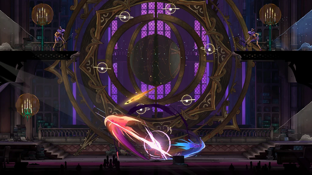Castlevania: Belmont's Curse: i en stor gotisk sal med ett jättelikt cirkelformat fönster i lila ton slår en karaktär med eldfärgade och blå attacker, medan två fiender står på avsatser på var sida.