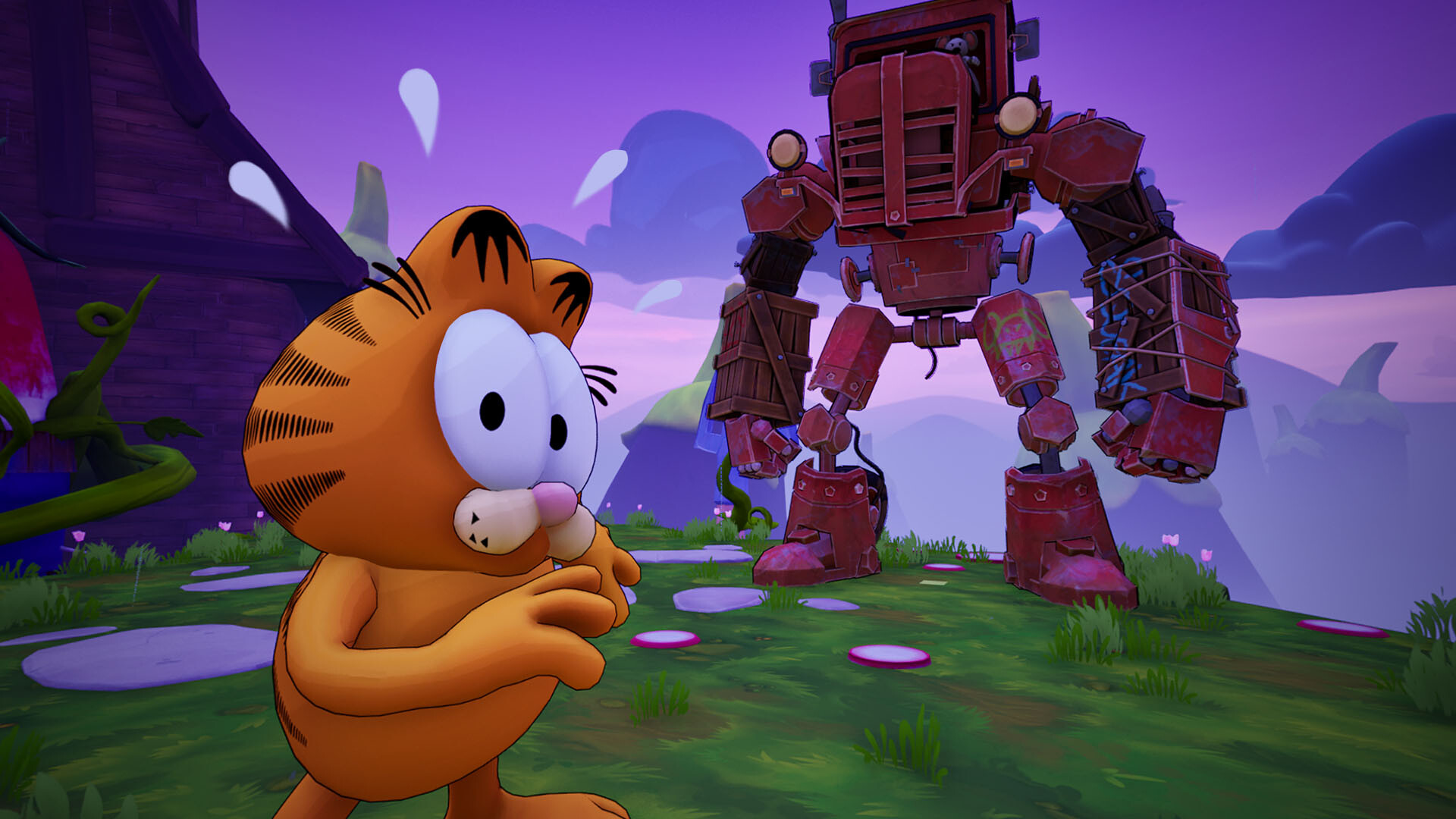 Garfield står rädd med stora ögon och knäppta händer i en lila, drömlik värld medan en gigantisk roströd traktorrobot reser sig bakom honom i Garfield: Escape from Monday.