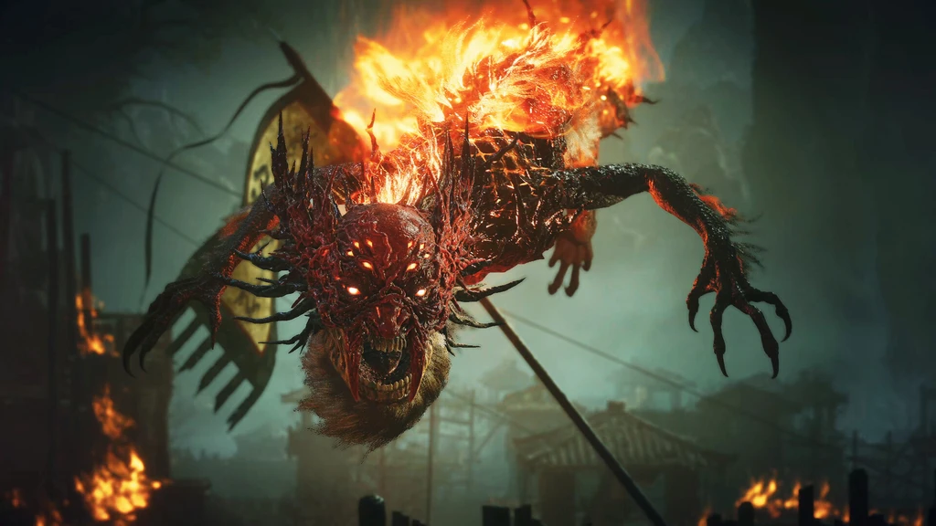 En brinnande, taggig demon med glödande ögon och långa klor kastar sig fram genom luften över en förstörd, mörk by i Wu Long 2: Wings of Ember.