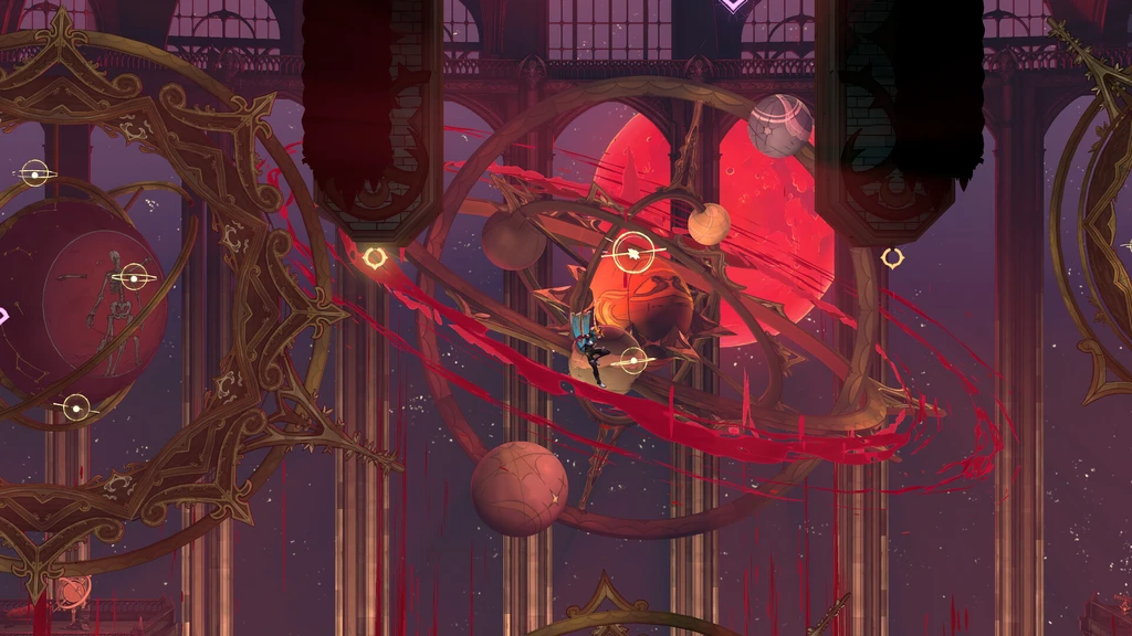 Castlevania: Belmont's Curse: en liten figur svingar sig mellan guldornamenterade ringar och planeter i en röd, kosmisk sal med höga pelare och blodröda streck.