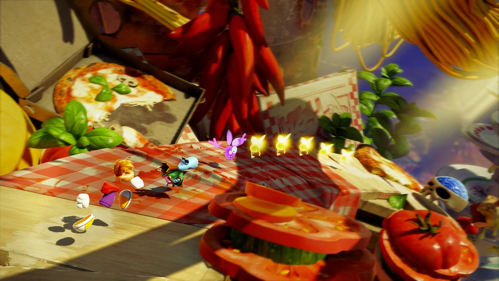 Rayman Legends Retold: Rayman och en liten blå figur springer över ett rutigt bord i en gigantisk italiensk matbana med pizza, chilikransar, basilika och jättestora tomater.