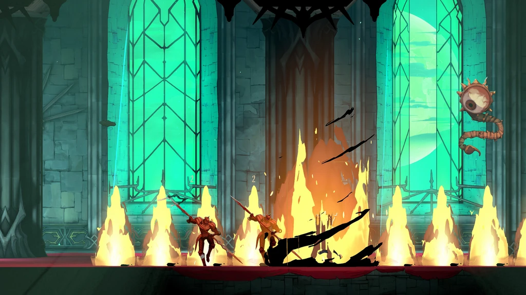 Två spjutbärande krigare rusar genom eldlågor i en gotisk sal med gröna glasmålningar, medan en flygande ögonvarelse svävar till höger i Castlevania: Belmont's Curse.