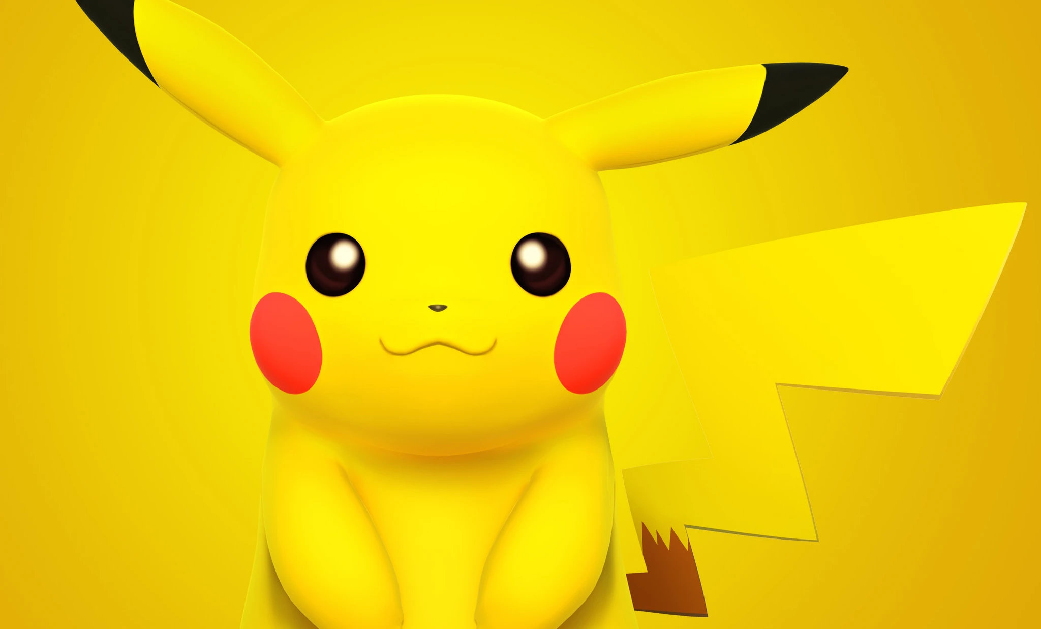 Pikachu framifrån med röda kinder och svarttippade öron, mot en gul bakgrund. Den söta Pokémonen tittar rakt mot betraktaren.