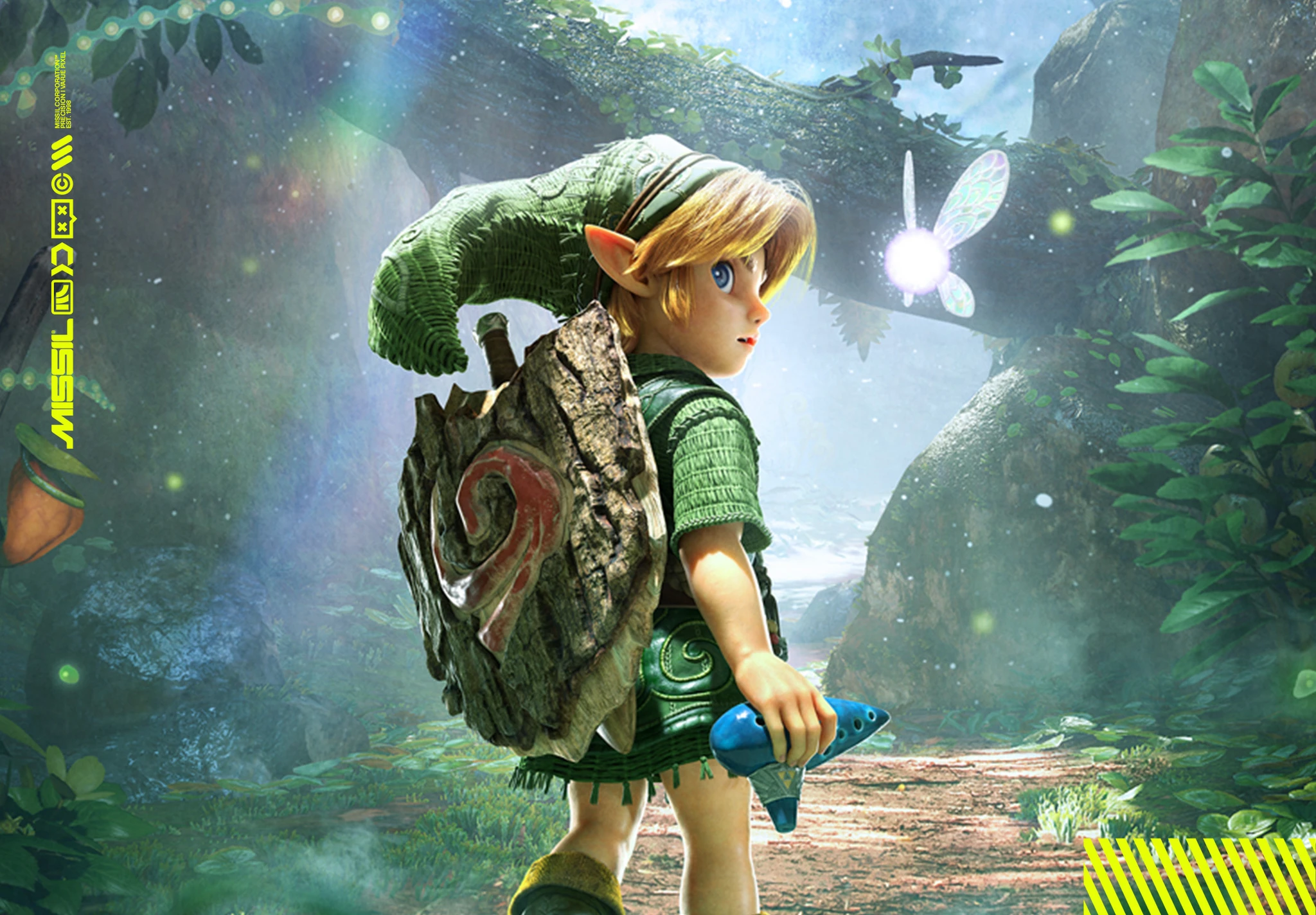 Young Link från The Legend of Zelda: Ocarina of Time blickar över axeln i en grön, solstrålad skog med en lysande fe bredvid sig och en blå ocarina i handen.