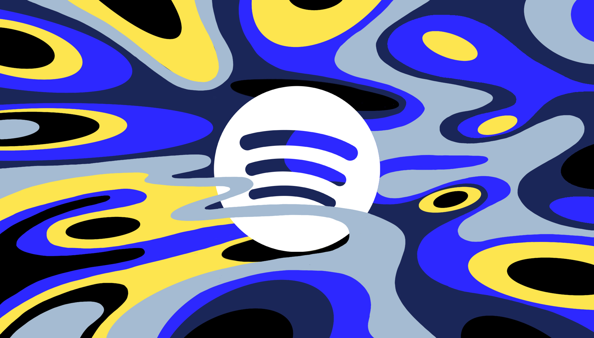 Spotifys vita runda logotyp med tre böjda ljudvågor mitt i ett flytande, psykedeliskt mönster i blått, gult, svart och ljusgrått.