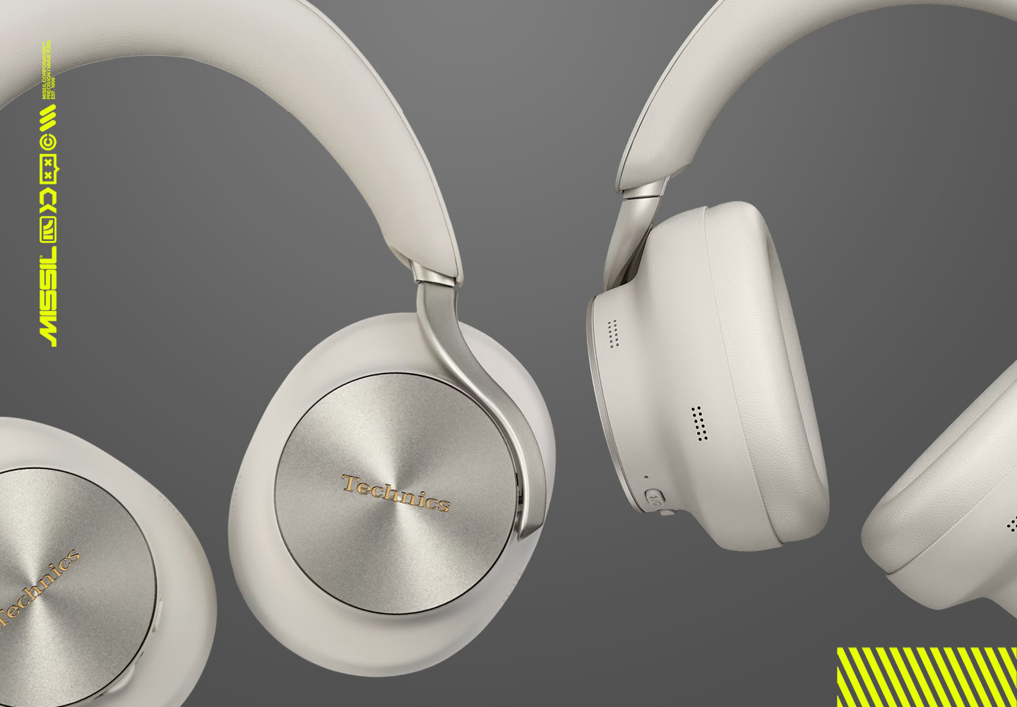 Tre par gräddvita Technics over-ear-hörlurar med borstade metallytor på öronkopparna och silverfärgade gångjärn, mot en grå bakgrund.
