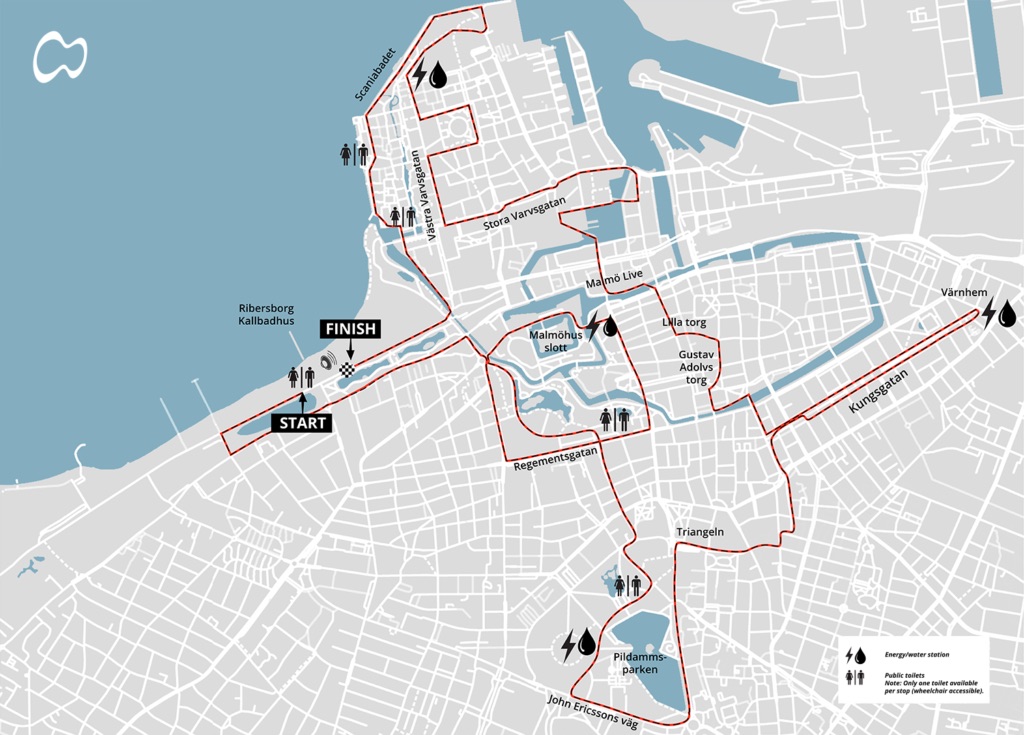 Karta över en löparrutt genom Malmö i rött, med start och mål vid Ribersborgs kallbadhus och vägen via Västra hamnen, Malmöhus slott, Triangeln och Pildammsparken.
