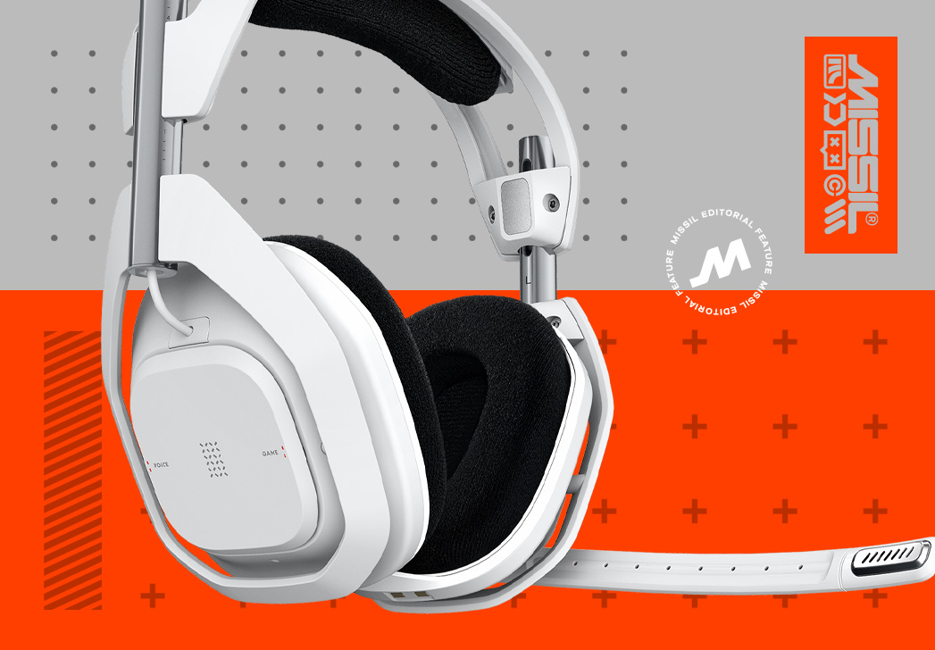 Vitt Astro A50 X-headset med svarta öronkuddar och böjd mikrofonarm, mot en grå och orange bakgrund med MISSIL-logotyp.