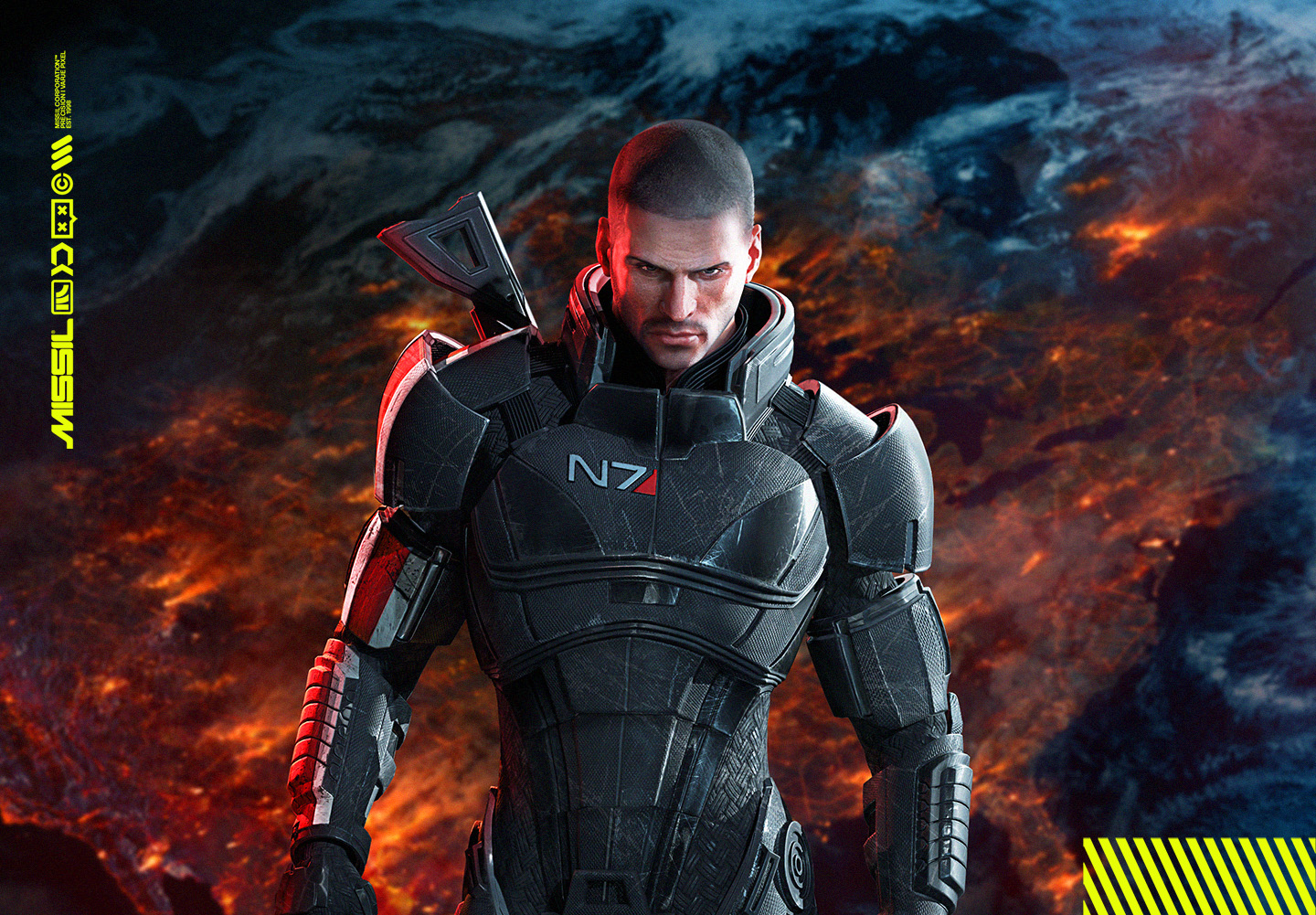 Man med kortklippt hår i svart N7-rustning står allvarlig framför en brinnande planetyta. Motivet liknar Commander Shepard i Mass Effect.