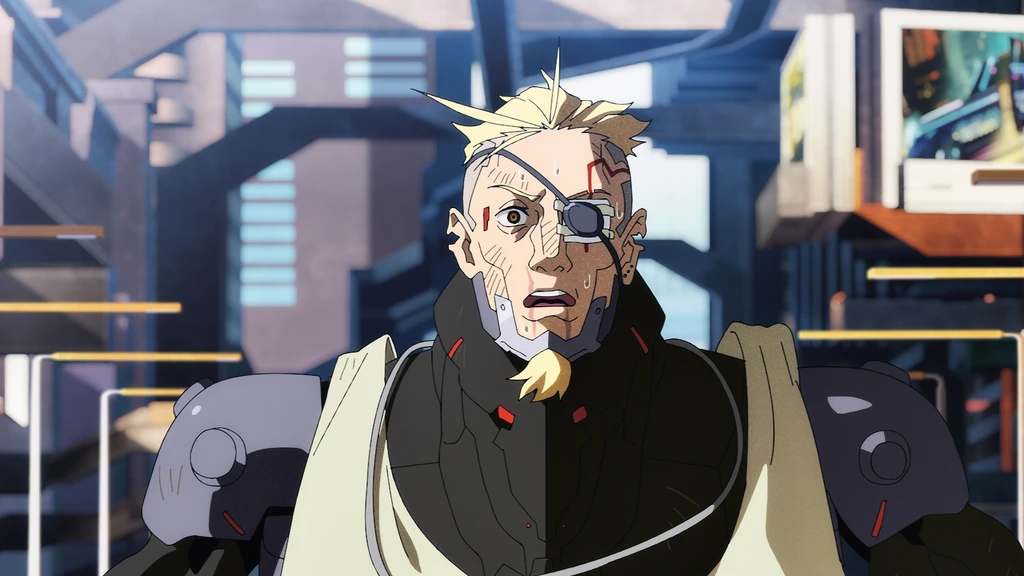 "Animated cyborg man with mechanical armor, blond hair, and an eyepatch stands in a futuristic, industrial city environment with buildings and neon accents in the background."